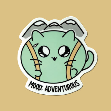 Adventurous mood cat illustration hiking with  mountains