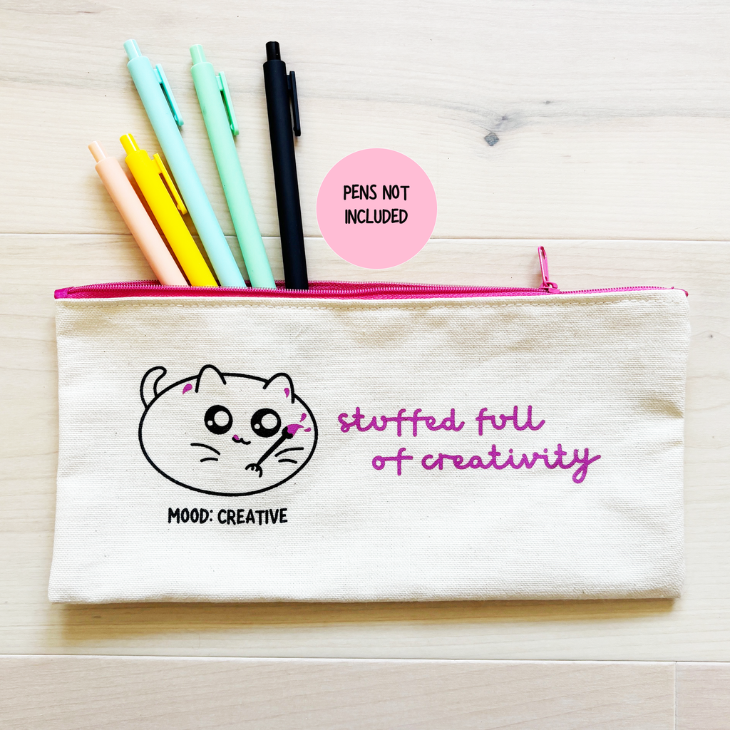 pencil pouch with text "stuffed full of creativity" and creative cat mood illustration with a paint brush